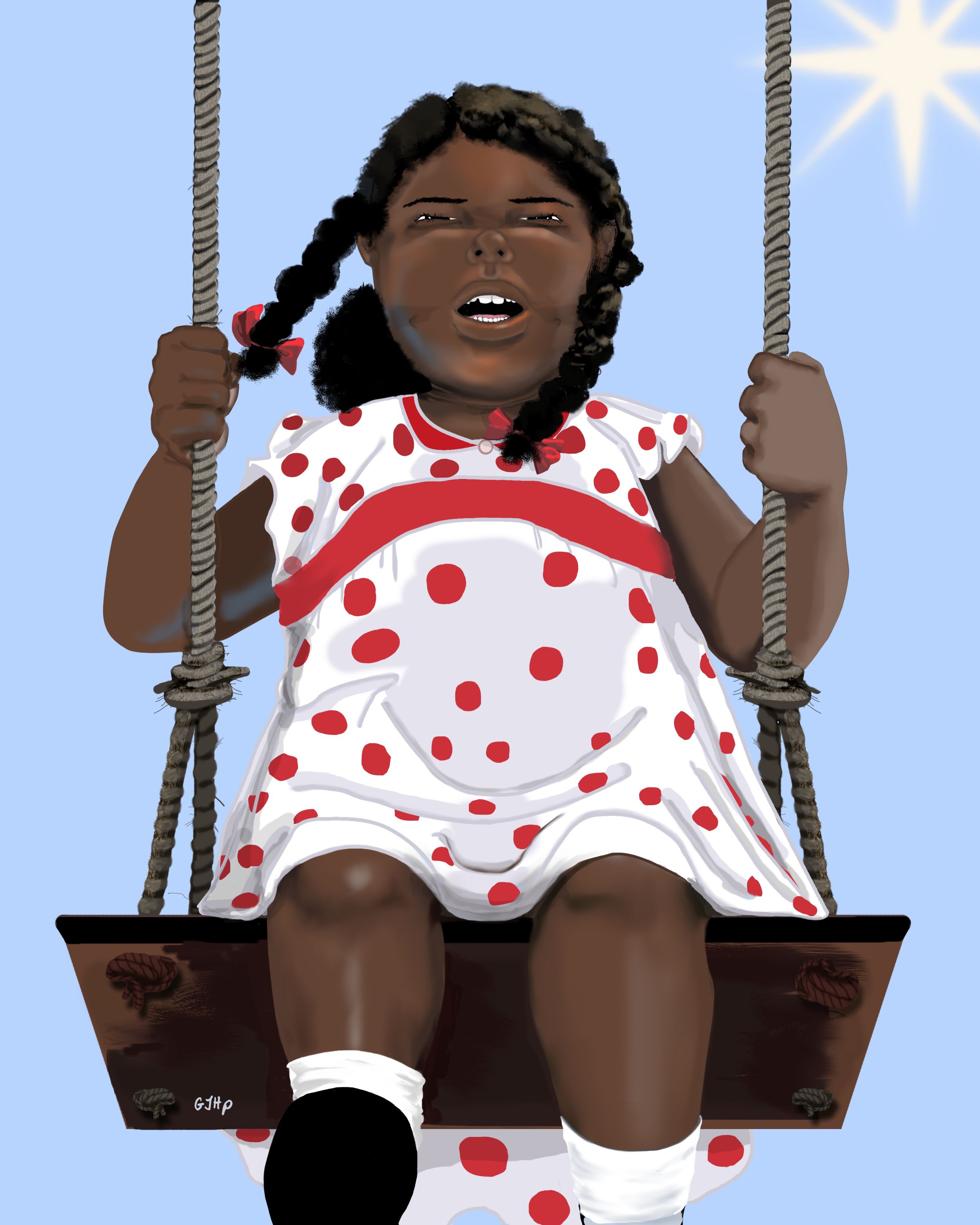 little girl in white dress on rope a swing